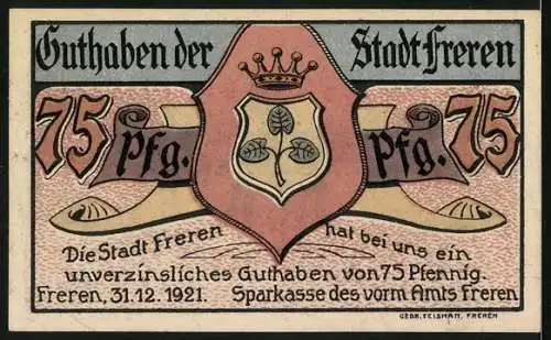 Notgeld Freren 1921, 75 Pfennig, Hollandgänger im vorigen Jahrhundert, Stadtwappen