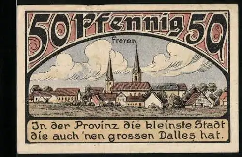 Notgeld Freren 1921, 50 Pfennig, Ortsansicht, Stadtwappen