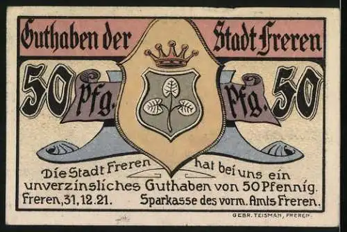 Notgeld Freren 1921, 50 Pfennig, Ortsansicht, Stadtwappen