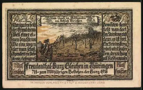 Notgeld Freudenthal 1918, 5 Groschen, Duell im Alördgarten, Ritter