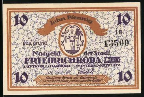 Notgeld Friedrichroda, 10 Pfennig, Stadtwappen, Skifahrer