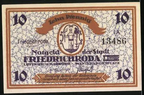 Notgeld Friedrichroda, 10 Pfennig, Skifahrer und Stadtwappen