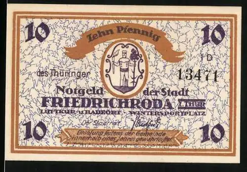 Notgeld Friedrichroda, 10 Pfennig, Stadtwappen, Skifahrer im Schnee