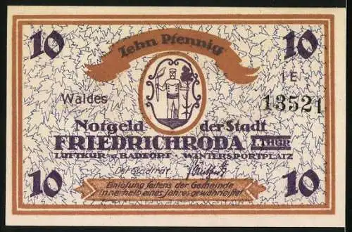 Notgeld Friedrichroda, 10 Pfennig, Skifahrer in einer verschneiten Landschaft