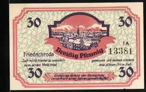Notgeld Friedrichroda, 30 Pfennig, Ortsansicht, Stadtwappen