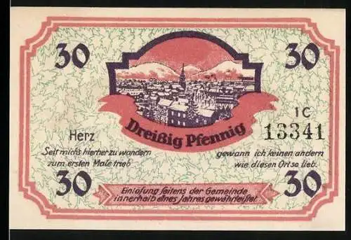 Notgeld Friedrichroda i. Thür., 30 Pfennig, Ortsansicht im Winter, Mann mit Fackel und Baum