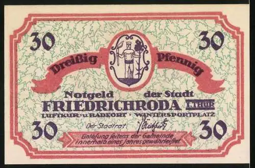 Notgeld Friedrichroda i. Thür., 30 Pfennig, Ortsansicht im Winter, Mann mit Fackel und Baum