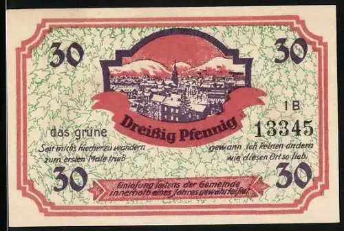 Notgeld Friedrichroda i. Thür., 30 Pfennig, Ortsansicht mit Kirche im Winter