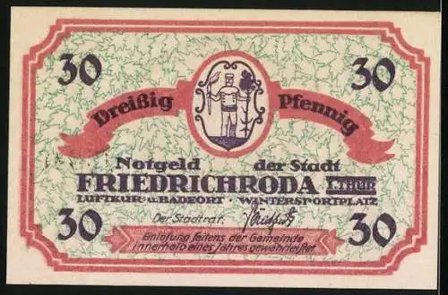 Notgeld Friedrichroda i. Thür., 30 Pfennig, Ortsansicht mit Kirche im Winter