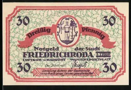 Notgeld Friedrichroda i. Thür., 30 Pfennig, Mann mit Fackel und Baum, Ortsansicht