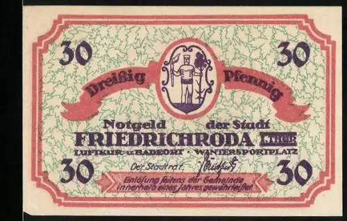 Notgeld Friedrichroda i. Thür., 30 Pfennig, Ortsansicht gegen die Berge im Winter