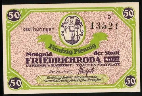 Notgeld Friedrichroda i. Thür., 50 Pfennig, Ortsansicht gegen grüne Berge