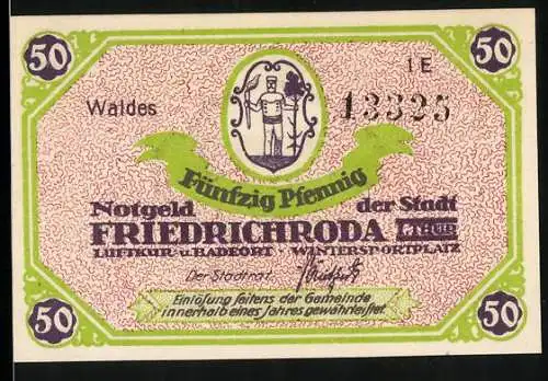 Notgeld Friedrichroda i. Thür., 50 Pfennig, Mann mit Fackel und Baum, Ortsansicht im Grünen
