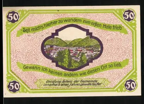 Notgeld Friedrichroda i. Thür., 50 Pfennig, Gesamtansicht vor grünen Bergen