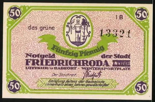 Notgeld Friedrichroda i. Thür., 50 Pfennig, Gesamtansicht vor grünen Bergen