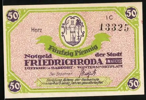 Notgeld Friedrichroda i. Thür., 50 Pfennig, Gesamtansicht gegen grüne Berge