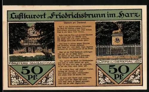 Notgeld Friedrichsbrunn 1921, 50 Pfennig, Försterei Dambachhaus, Pfeil-Denkmal, Friedrich der Grosse