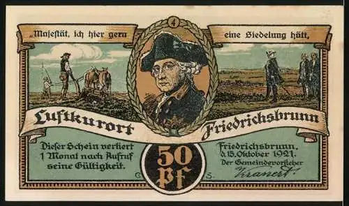 Notgeld Friedrichsbrunn 1921, 50 Pfennig, Försterei Dambachhaus, Pfeil-Denkmal, Friedrich der Grosse