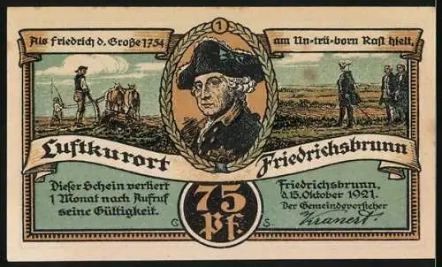 Notgeld Friedrichsbrunn 1921, 75 Pfennig, Skifahrerin und Rodler vor der Stadt