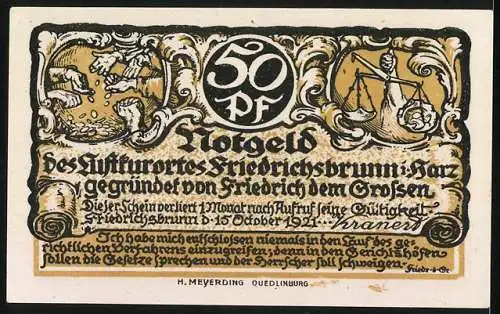 Notgeld Friedrichsbrunn 1921, 50 Pfennig, König Friedrich will den Bürgern helfen