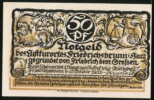 Notgeld Friedrichsbrunn 1921, 50 Pfennig, Bauer am Pferdepflug in Blachfeld