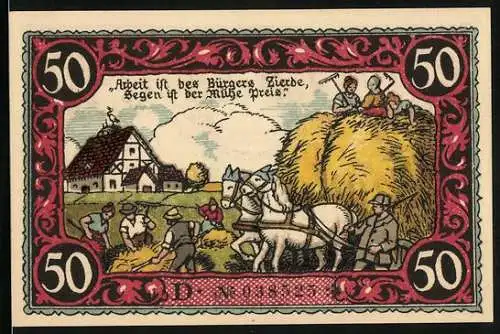 Notgeld Friesack 1921, 50 Pfennig, Bauern mit einem vollen Wagen Heu