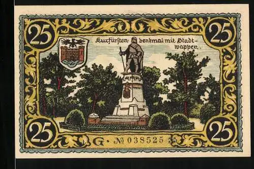 Notgeld Friesack 1921, 25 Pfennig, Kurfürsten-Denkmal mit Stadtwappen