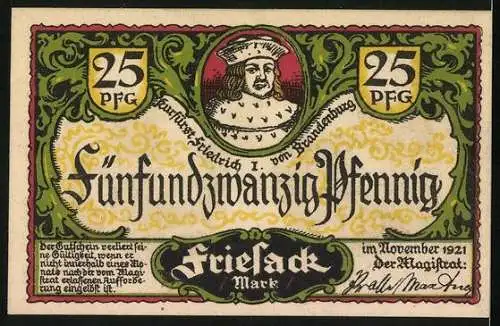 Notgeld Friesack 1921, 25 Pfennig, Kurfürsten-Denkmal mit Stadtwappen