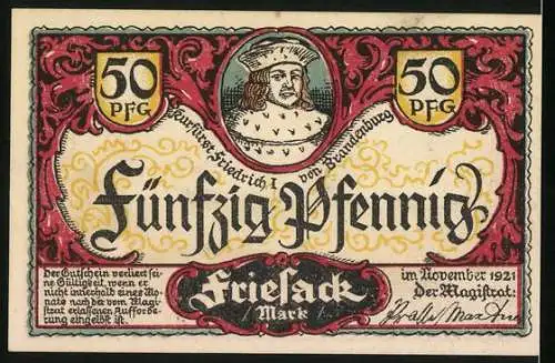 Notgeld Friesack 1921, 50 Pfennig, Mann mit einem Sack Mehl am Mühlenberg