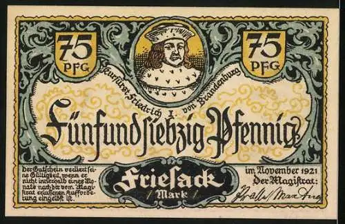 Notgeld Friesack 1921, 75 Pfennig, Raubritter-Überfall auf reisende Kaufleute