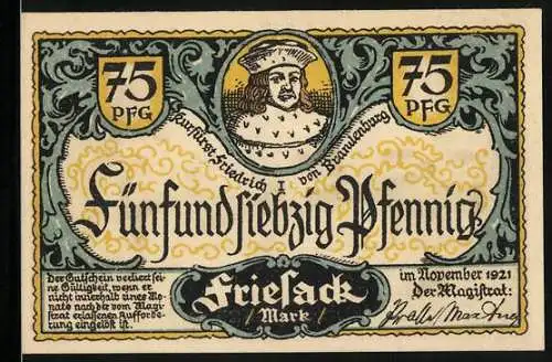 Notgeld Friesack 1921, 75 Pfennig, Burg Friesack z. Zt. des 30-jährigen Krieges