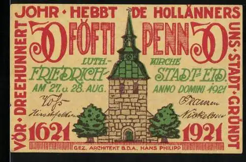 Notgeld Friedrichstadt-Eider 1921, 50 Pfennig, Lutherische Kirche und Flusspanorama