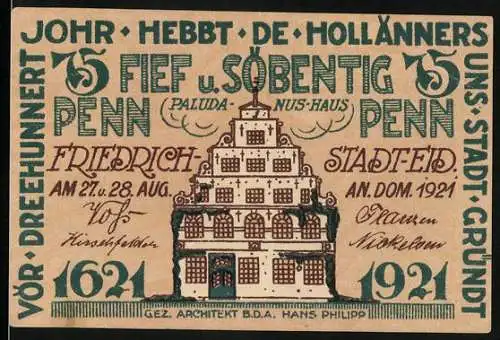 Notgeld Friedrichstadt-Eider 1921, 75 Pfennig, Paludanus-Haus, Flusspanorama