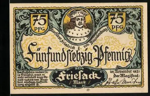 Notgeld Friesack 1921, 75 Pfennig, Friedrich schiesst die Quitzow-Burg in Brand