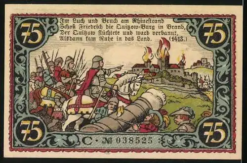 Notgeld Friesack 1921, 75 Pfennig, Friedrich schiesst die Quitzow-Burg in Brand
