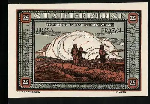 Notgeld Frohse 1921, 25 Pfennig, Bauern pflügen das Feld, Arbeiter beim Hausbau