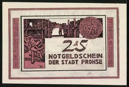 Notgeld Frohse 1921, 25 Pfennig, Bauern pflügen das Feld, Arbeiter beim Hausbau