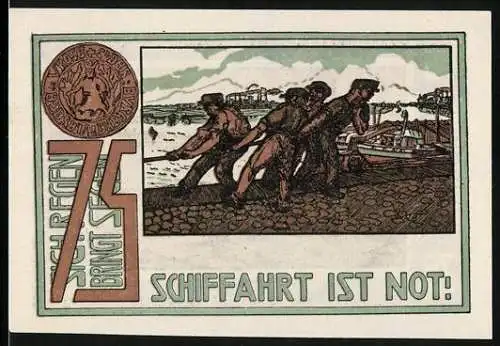 Notgeld Frohse 1921, 75 Pfennig, Seemänner tauen ein Boot an, Uferpartie