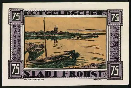 Notgeld Frohse 1921, 75 Pfennig, Seemänner tauen ein Boot an, Uferpartie