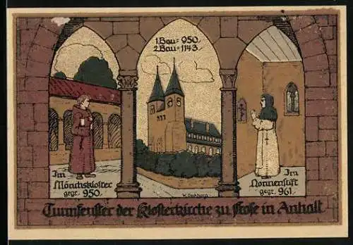 Notgeld Frose 1921, 50 Pfennig, Blicke aus dem Turmfenster der Klosterkirche, Säulenköpfe aus dem Mittelschiff