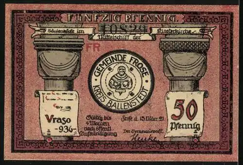 Notgeld Frose 1921, 50 Pfennig, Blicke aus dem Turmfenster der Klosterkirche, Säulenköpfe aus dem Mittelschiff