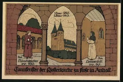 Notgeld Frose 1921, 50 Pfennig, Blick aus dem Turmfenster der Klosterkirche, Säulenköpfe