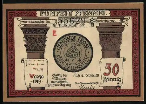 Notgeld Frose 1921, 50 Pfennig, Säulenköpfe im Mittelschiff der Klosterkirche, Blick aus dem Turmfenster