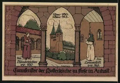 Notgeld Frose 1921, 50 Pfennig, Säulenköpfe im Mittelschiff der Klosterkirche, Blick aus dem Turmfenster