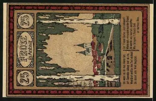 Notgeld Frose 1921, 25 Pfennig, Ortsansicht mit Kirche aus der Ferne