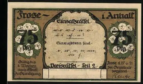 Notgeld Frose 1921, 75 Pfennig, Namenentwicklung und Einsatzrätsel