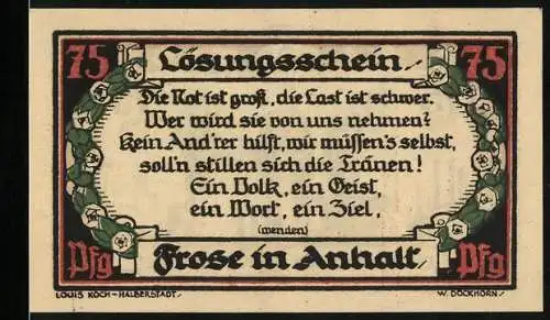 Notgeld Frose 1921, 75 Pfennig, Bergmann und andere Arbeiter vereint, Rätsellösung