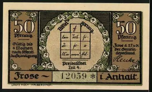 Notgeld Frose 1921, 50 Pfennig, Überschwemmungsgebiet, Preisrätsel