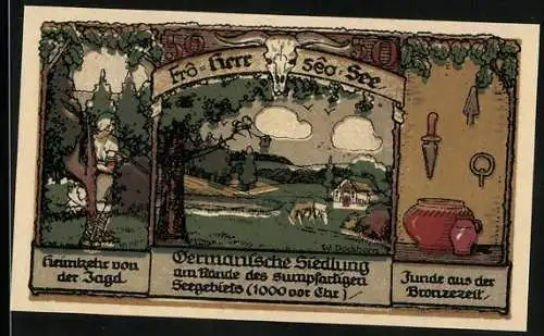 Notgeld Frose 1921, 50 Pfennig, Germanische Siedlung, Bronzezeitliche Funde, Bilderrätsel