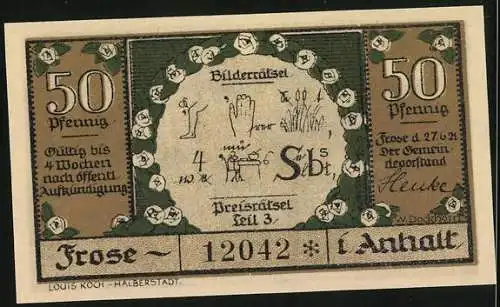 Notgeld Frose 1921, 50 Pfennig, Germanische Siedlung, Bronzezeitliche Funde, Bilderrätsel